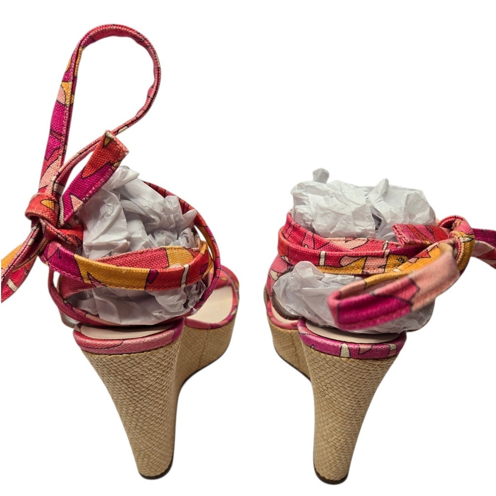 Emilio Pucci Y2K Raffia Espadrille Wedge Sandals 38 Pink Abstract Italy Tie Heel - Picture 15 of 16